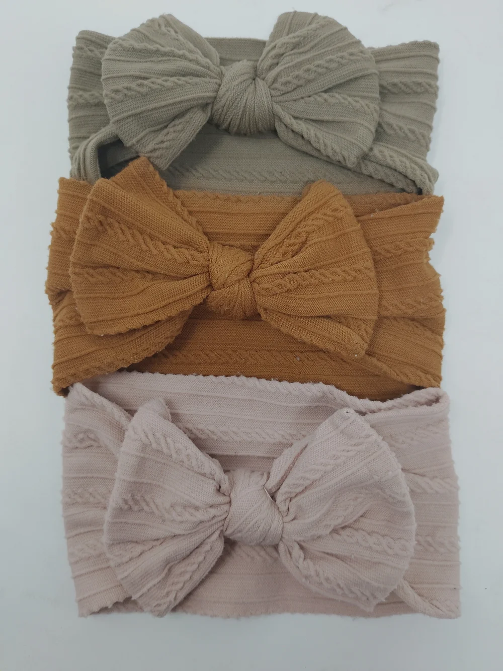 Knotted Bow Girls Headband Trio in Taupe, Mustard & Blush, Stretch